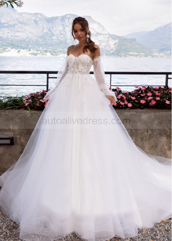 Beaded Lace Tulle Wedding Dress With Detachable Sleeves